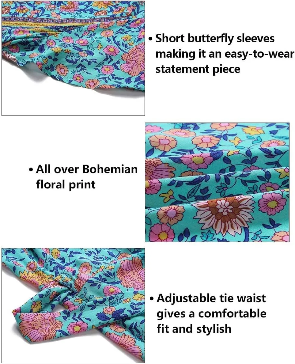 ZESICA Women's 2025 Bohemian Floral Printed Wrap V Neck Short Sleeve Split Beach Party Maxi Dress
