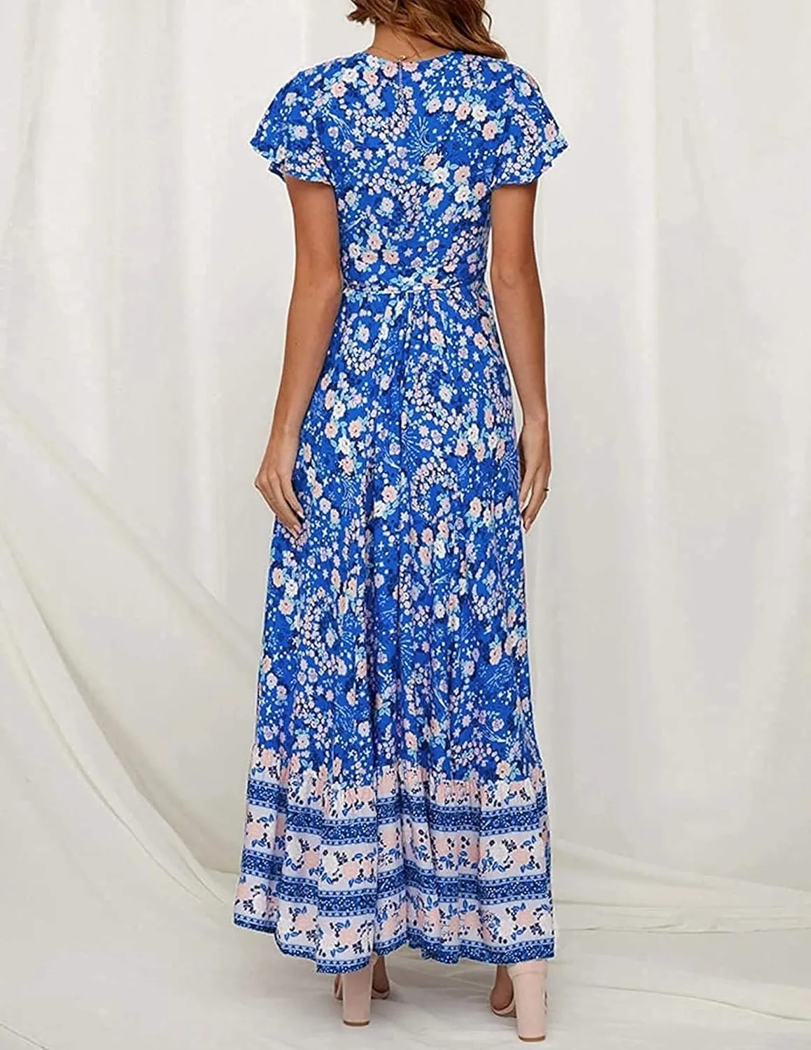 ZESICA Women's 2025 Bohemian Floral Printed Wrap V Neck Short Sleeve Split Beach Party Maxi Dress