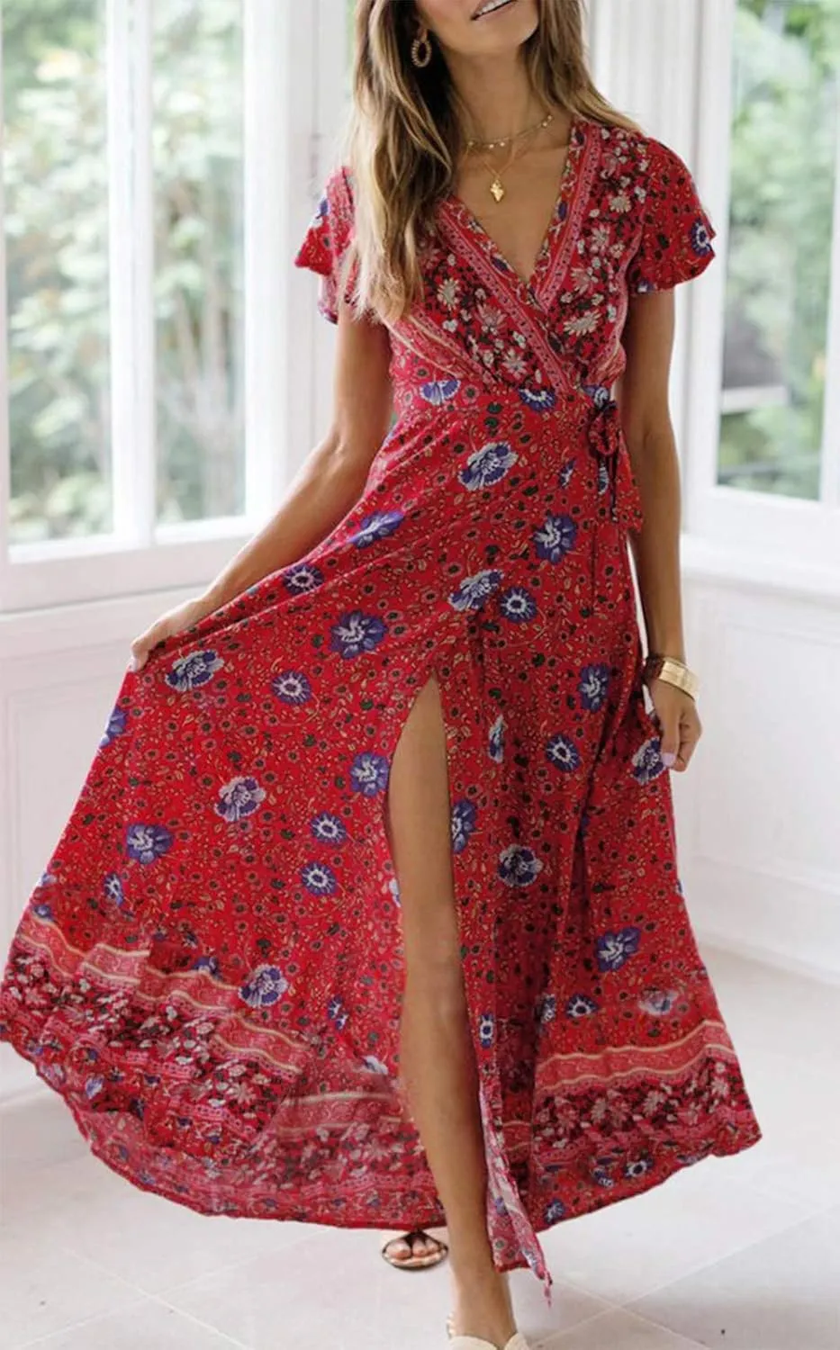 ZESICA Women's 2025 Bohemian Floral Printed Wrap V Neck Short Sleeve Split Beach Party Maxi Dress