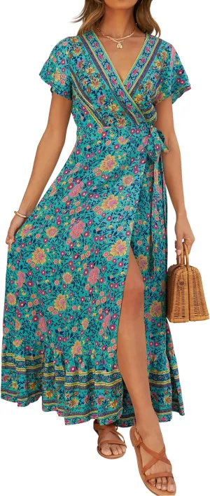 ZESICA Women's 2025 Bohemian Floral Printed Wrap V Neck Short Sleeve Split Beach Party Maxi Dress