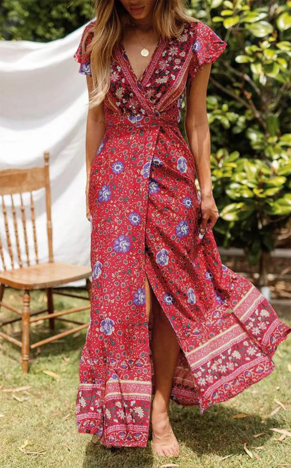 ZESICA Women's 2025 Bohemian Floral Printed Wrap V Neck Short Sleeve Split Beach Party Maxi Dress