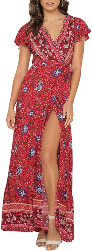 ZESICA Women's 2025 Bohemian Floral Printed Wrap V Neck Short Sleeve Split Beach Party Maxi Dress