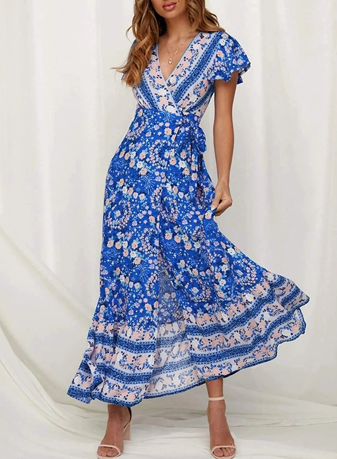 ZESICA Women's 2025 Bohemian Floral Printed Wrap V Neck Short Sleeve Split Beach Party Maxi Dress