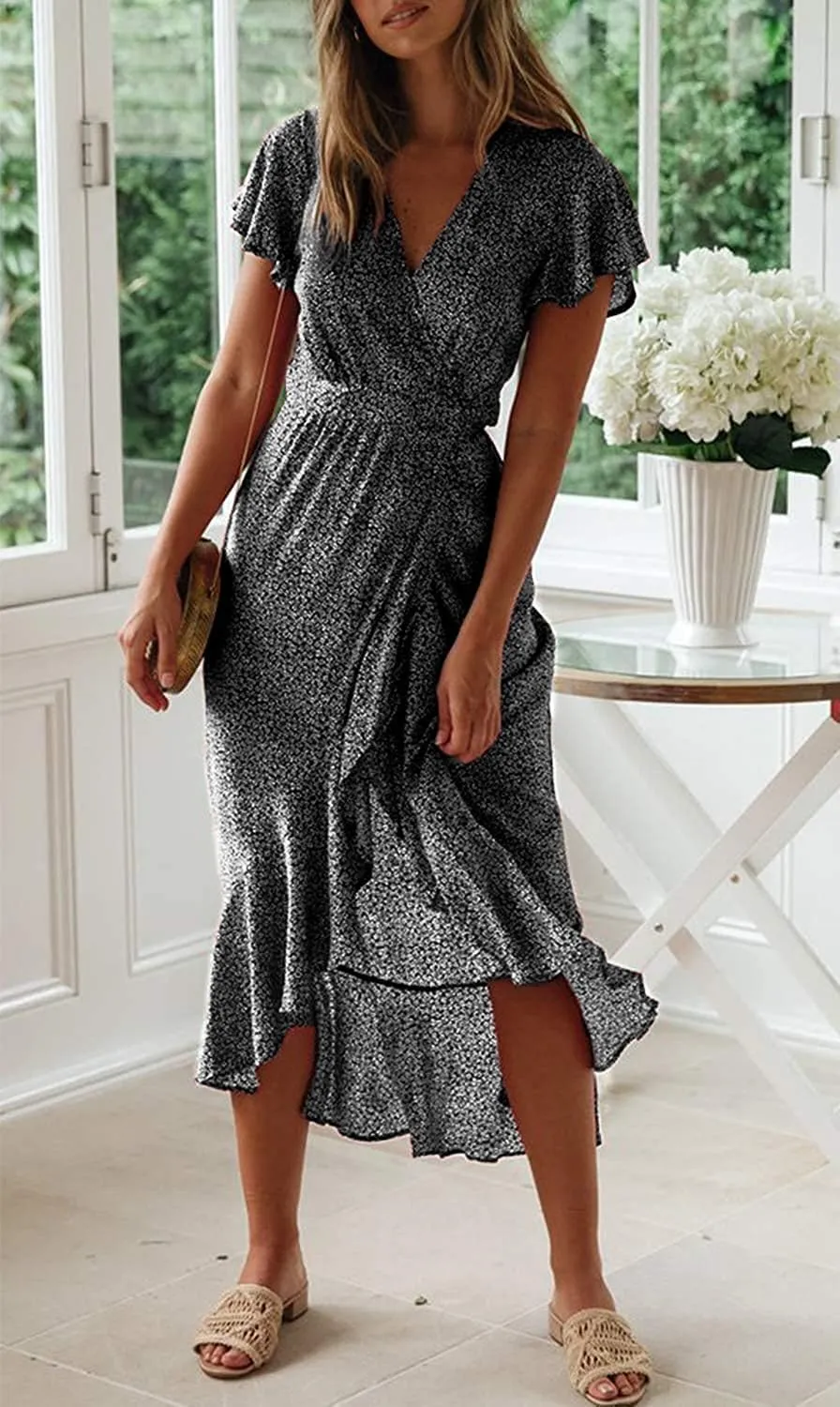 ZESICA Women's 2025 Bohemian Floral Printed Wrap V Neck Short Sleeve Split Beach Party Maxi Dress