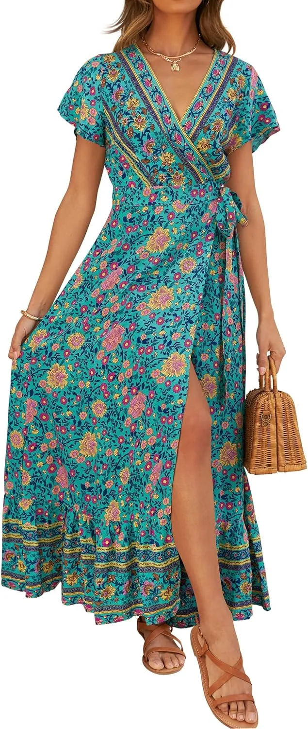 ZESICA Women's 2025 Bohemian Floral Printed Wrap V Neck Short Sleeve Split Beach Party Maxi Dress