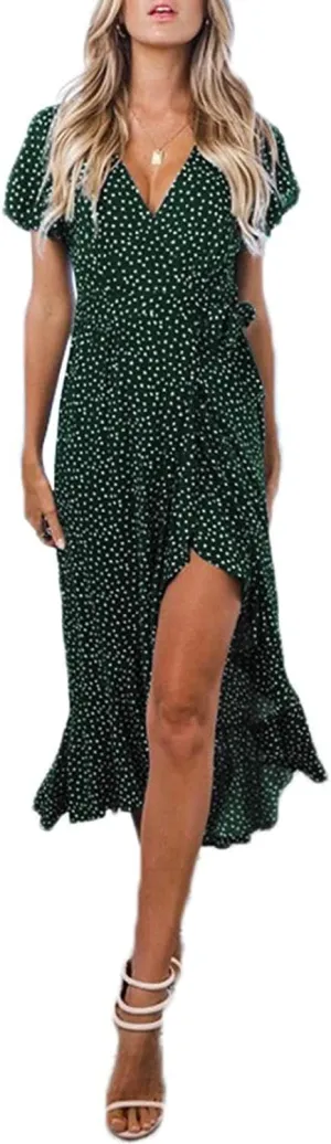 ZESICA Women's 2025 Bohemian Floral Printed Wrap V Neck Short Sleeve Split Beach Party Maxi Dress
