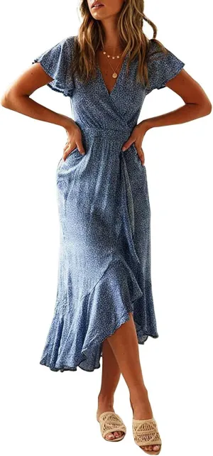 ZESICA Women's 2025 Bohemian Floral Printed Wrap V Neck Short Sleeve Split Beach Party Maxi Dress