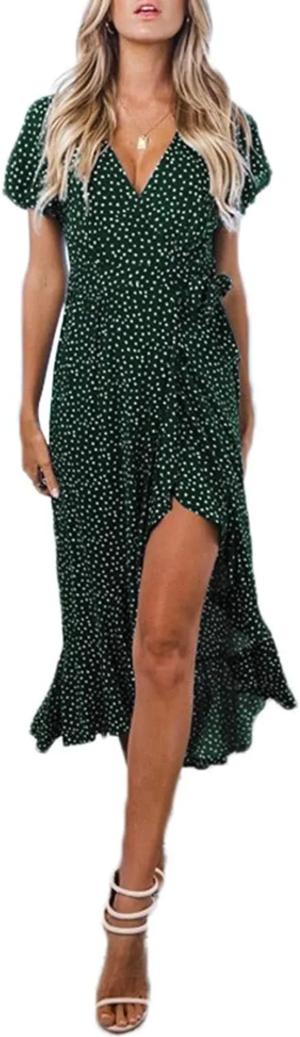 ZESICA Women's 2025 Bohemian Floral Printed Wrap V Neck Short Sleeve Split Beach Party Maxi Dress