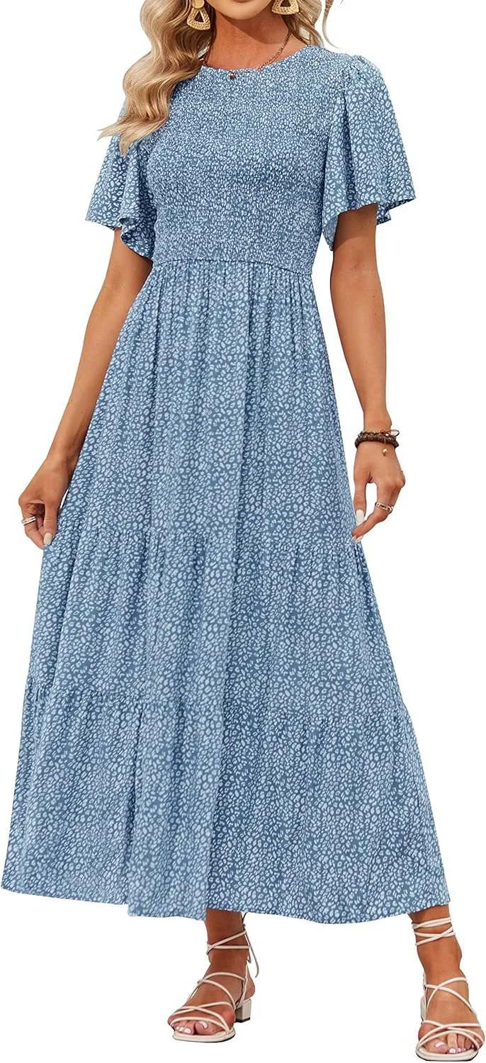 ZESICA Women's 2025 Summer Casual Floral Print Short Flutter Sleeve Crew Neck Smocked High Waist Flowy Maxi Dress
