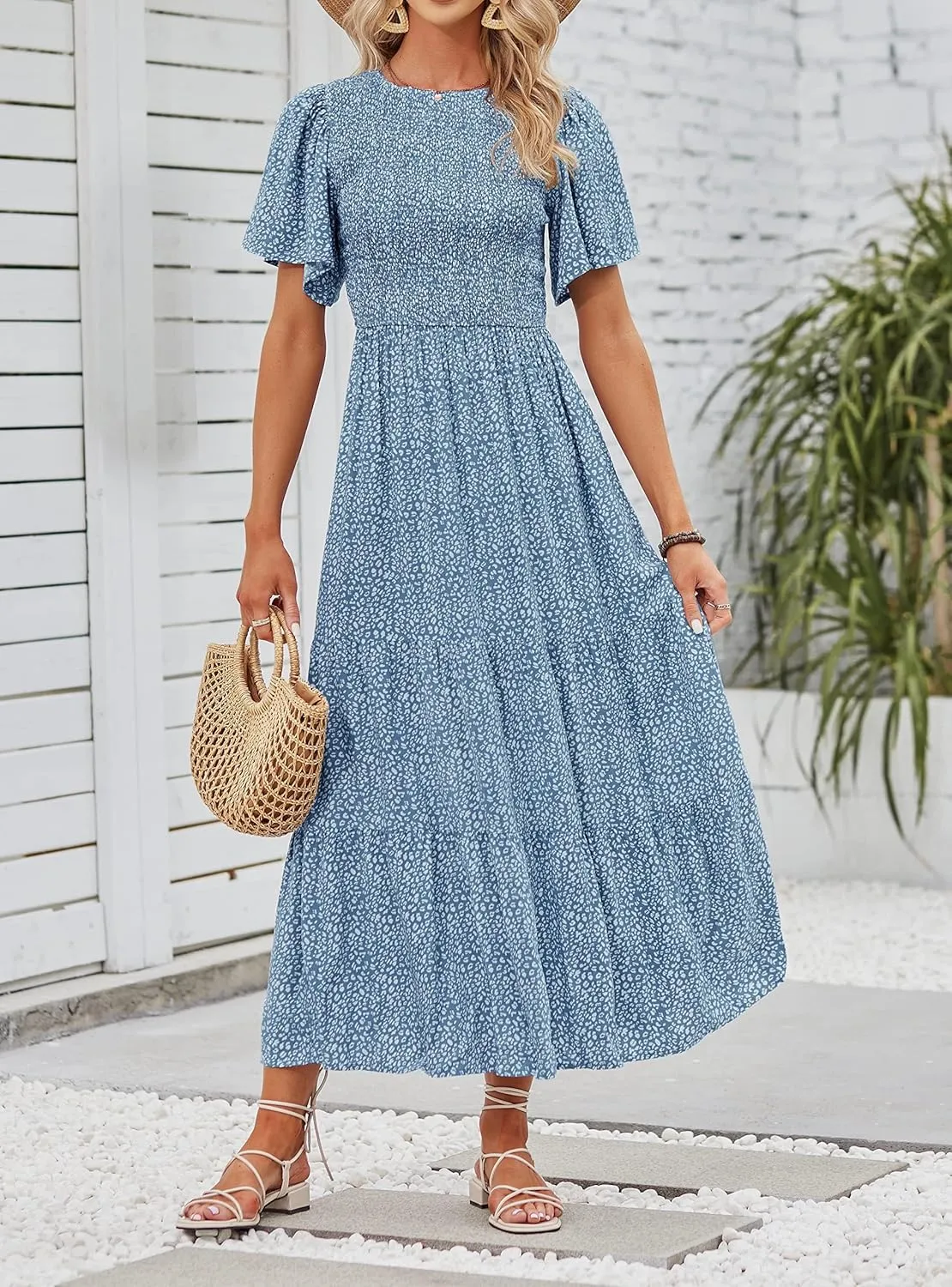 ZESICA Women's 2025 Summer Casual Floral Print Short Flutter Sleeve Crew Neck Smocked High Waist Flowy Maxi Dress