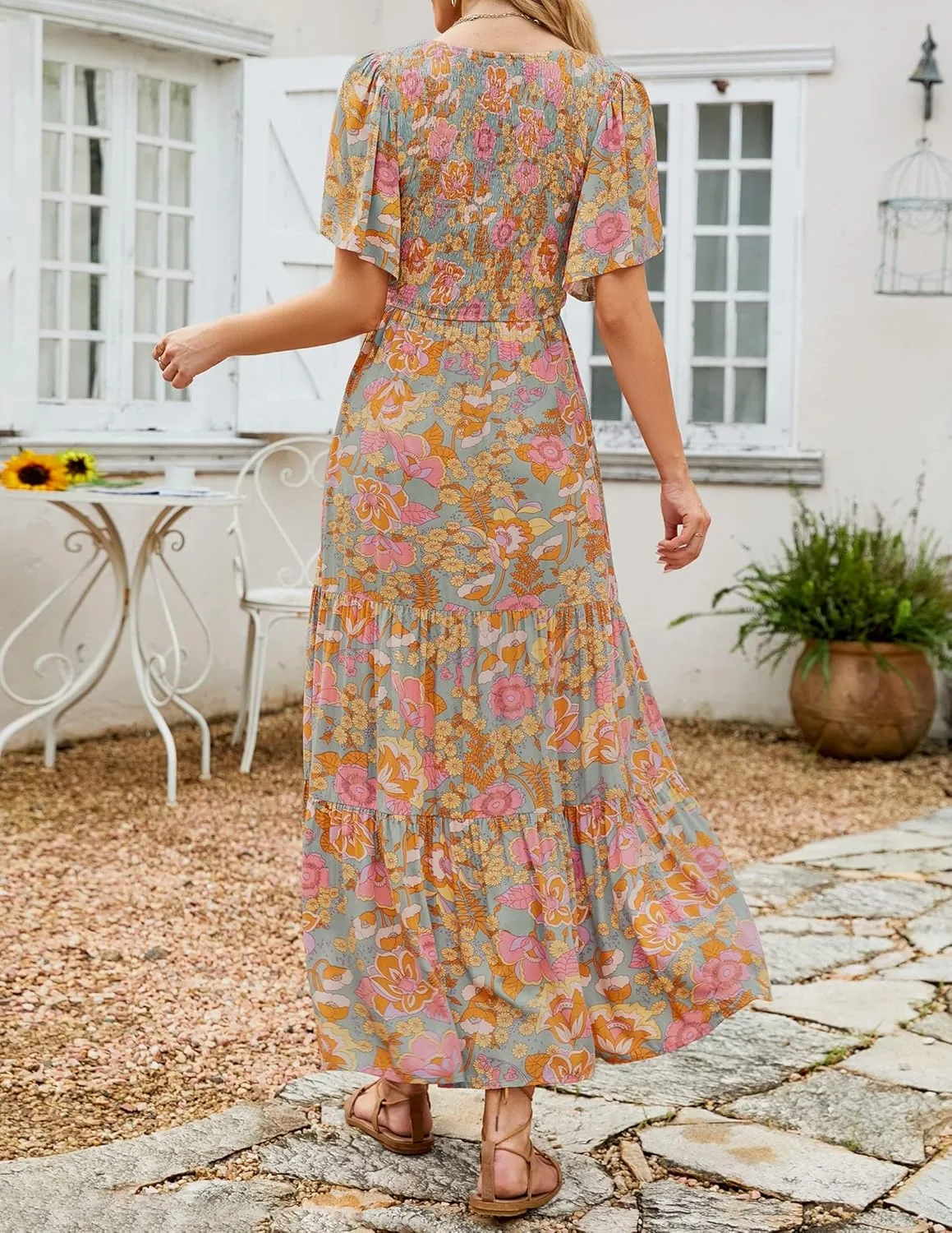 ZESICA Women's 2025 Summer Casual Floral Print Short Flutter Sleeve Crew Neck Smocked High Waist Flowy Maxi Dress