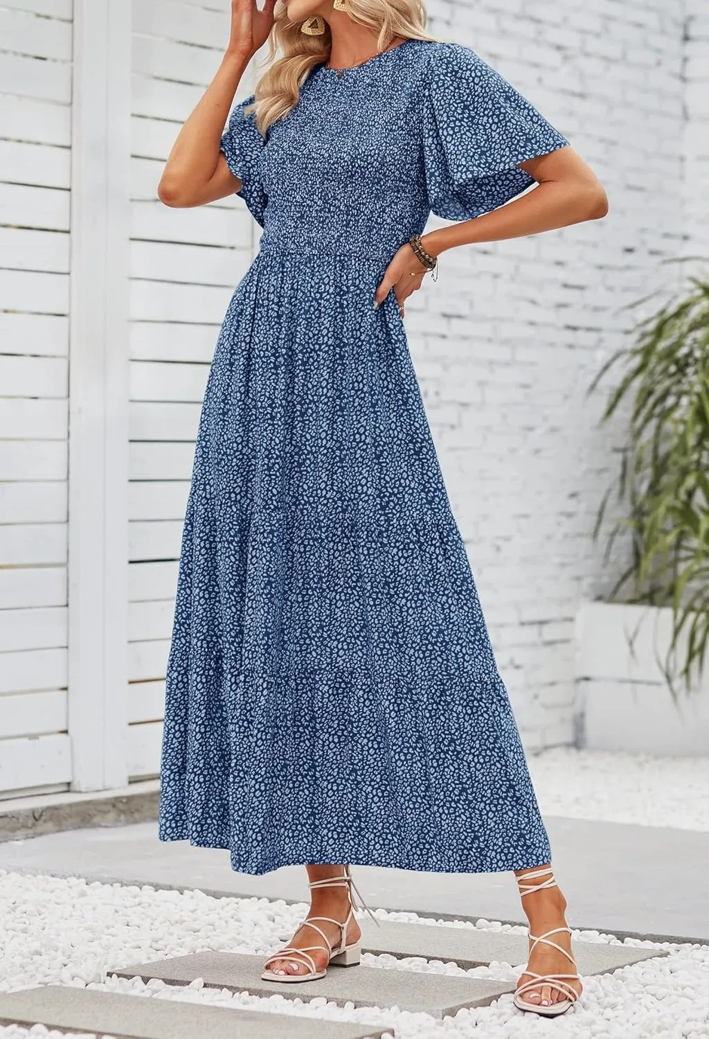 ZESICA Women's 2025 Summer Casual Floral Print Short Flutter Sleeve Crew Neck Smocked High Waist Flowy Maxi Dress