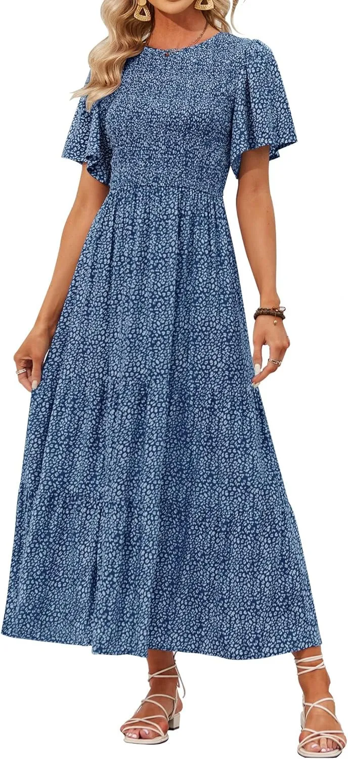 ZESICA Women's 2025 Summer Casual Floral Print Short Flutter Sleeve Crew Neck Smocked High Waist Flowy Maxi Dress