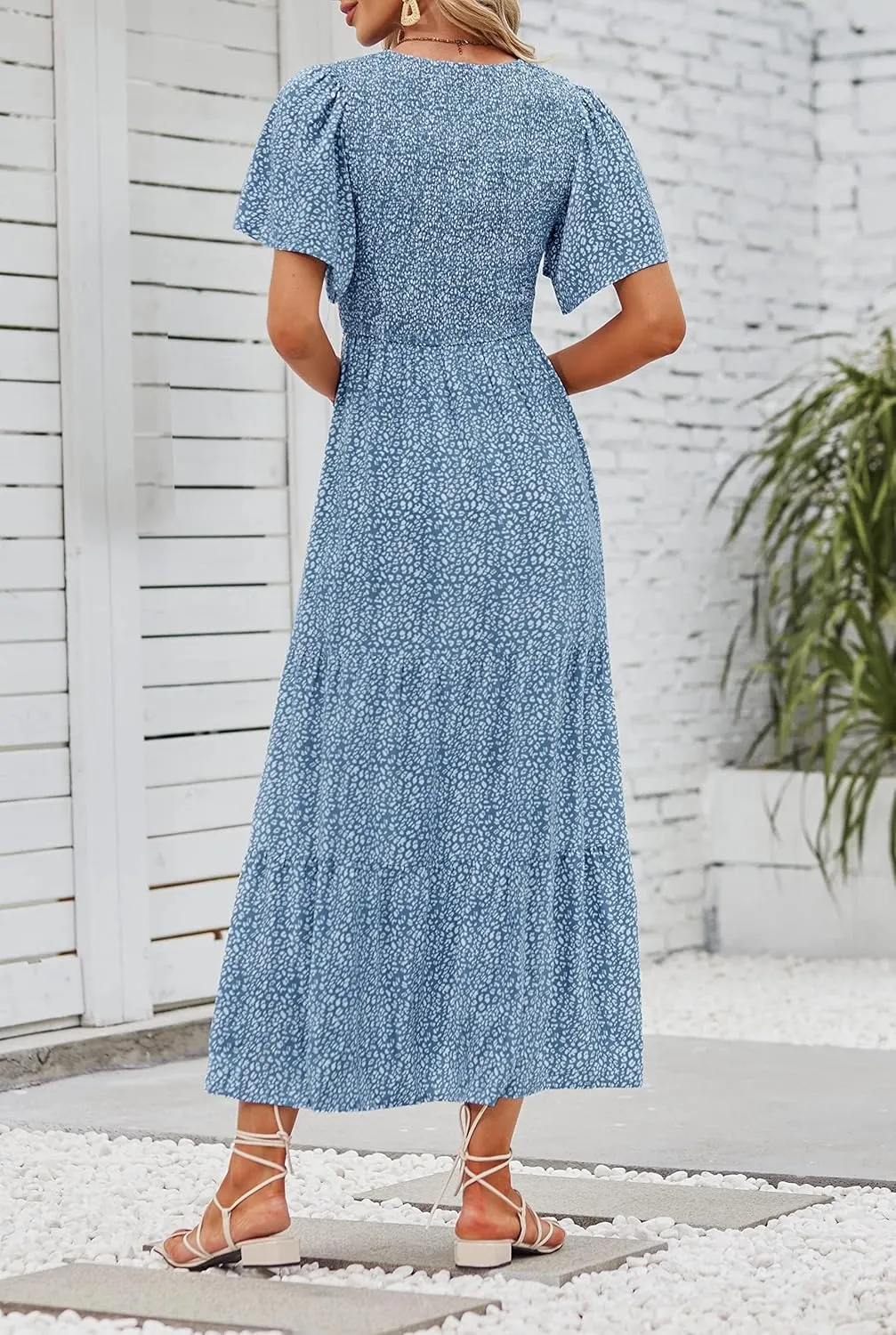 ZESICA Women's 2025 Summer Casual Floral Print Short Flutter Sleeve Crew Neck Smocked High Waist Flowy Maxi Dress