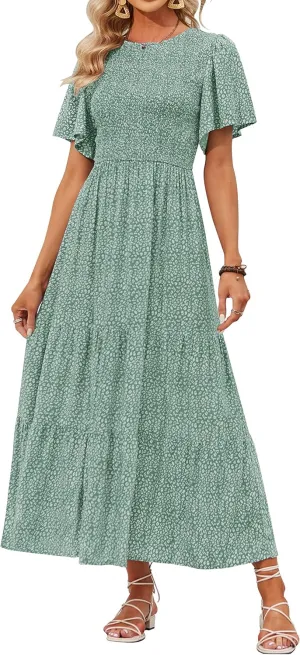 ZESICA Women's 2025 Summer Casual Floral Print Short Flutter Sleeve Crew Neck Smocked High Waist Flowy Maxi Dress
