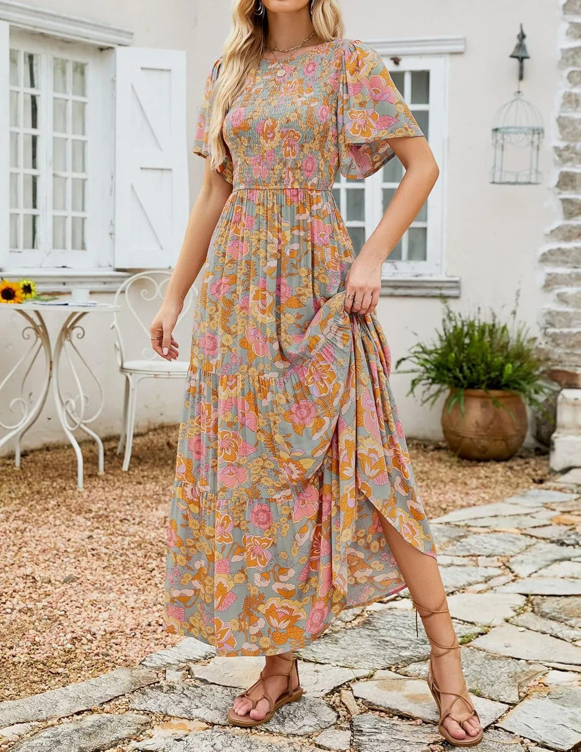 ZESICA Women's 2025 Summer Casual Floral Print Short Flutter Sleeve Crew Neck Smocked High Waist Flowy Maxi Dress