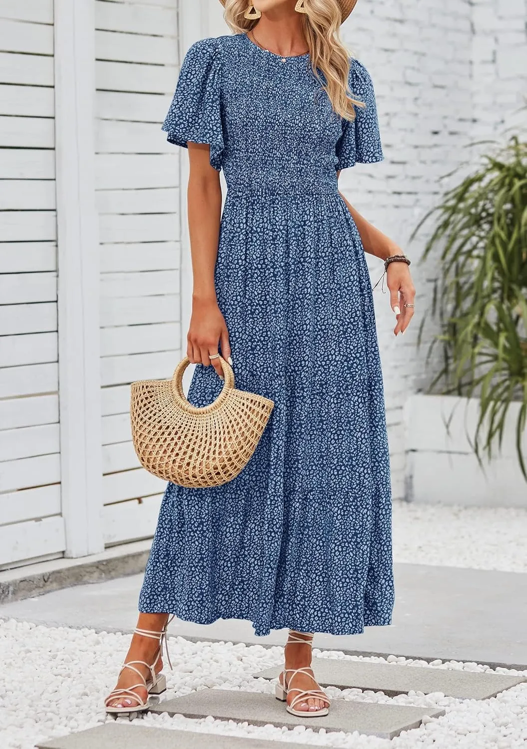 ZESICA Women's 2025 Summer Casual Floral Print Short Flutter Sleeve Crew Neck Smocked High Waist Flowy Maxi Dress