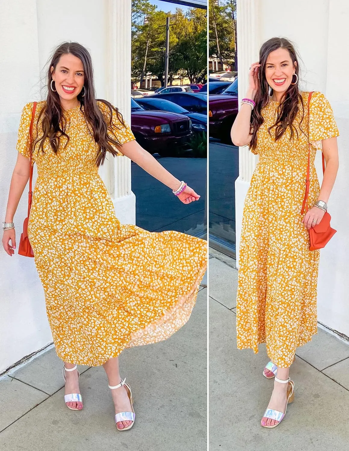 ZESICA Women's 2025 Summer Casual Floral Print Short Flutter Sleeve Crew Neck Smocked High Waist Flowy Maxi Dress