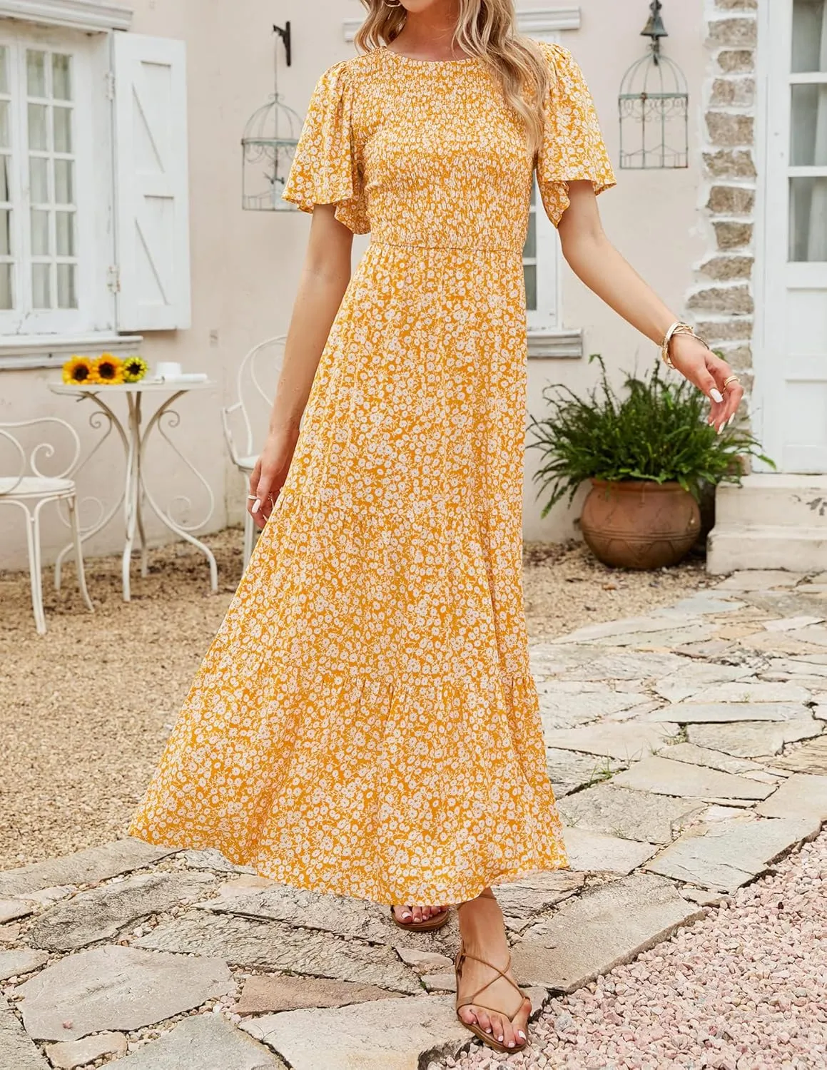 ZESICA Women's 2025 Summer Casual Floral Print Short Flutter Sleeve Crew Neck Smocked High Waist Flowy Maxi Dress