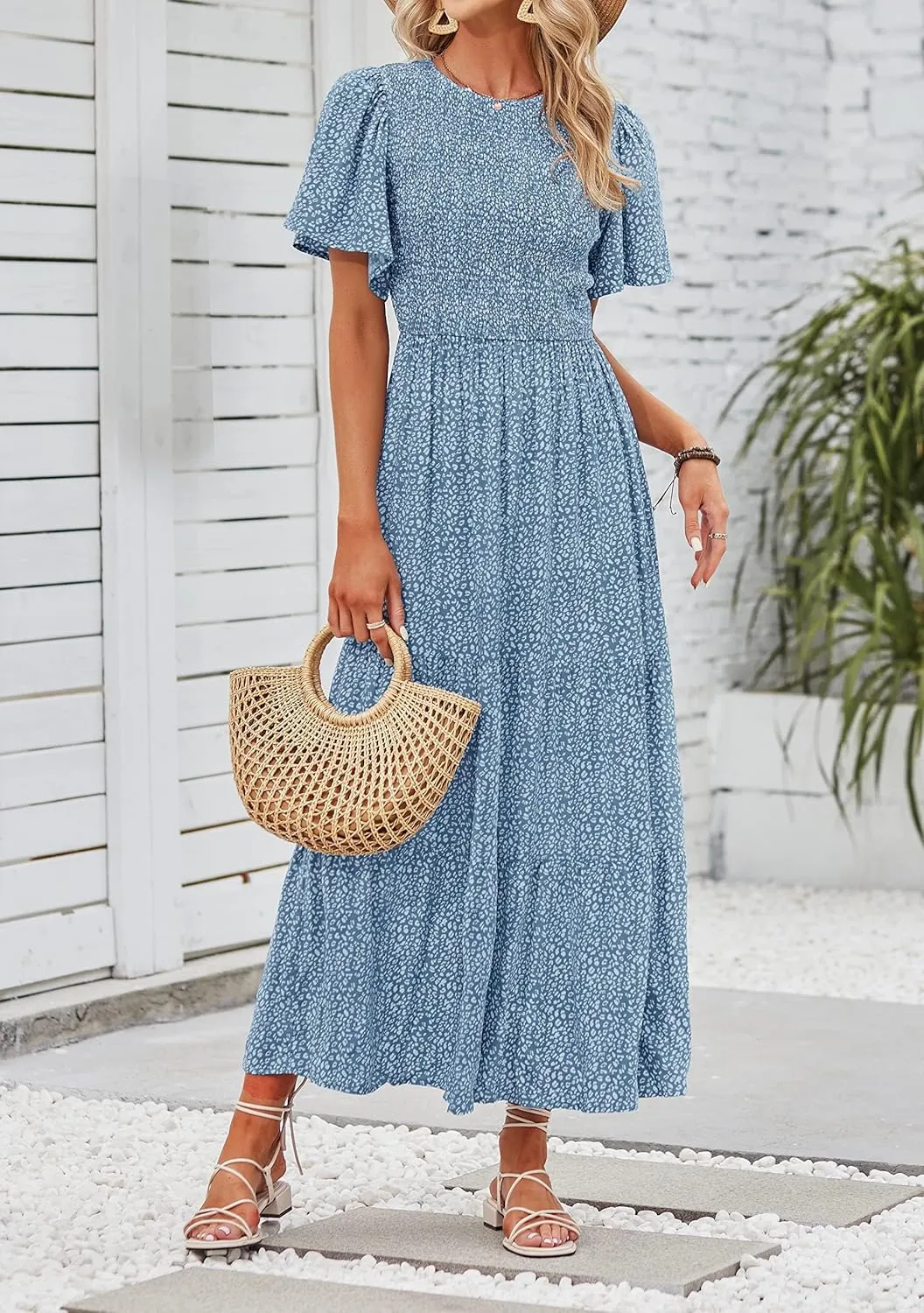 ZESICA Women's 2025 Summer Casual Floral Print Short Flutter Sleeve Crew Neck Smocked High Waist Flowy Maxi Dress