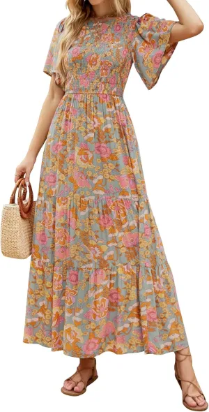 ZESICA Women's 2025 Summer Casual Floral Print Short Flutter Sleeve Crew Neck Smocked High Waist Flowy Maxi Dress