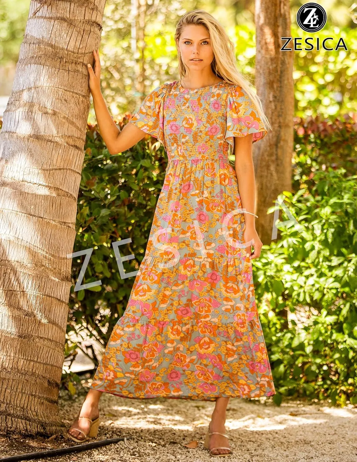 ZESICA Women's 2025 Summer Casual Floral Print Short Flutter Sleeve Crew Neck Smocked High Waist Flowy Maxi Dress