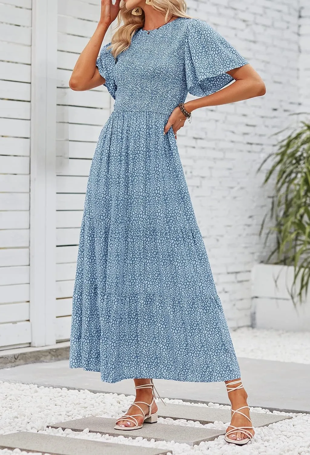 ZESICA Women's 2025 Summer Casual Floral Print Short Flutter Sleeve Crew Neck Smocked High Waist Flowy Maxi Dress