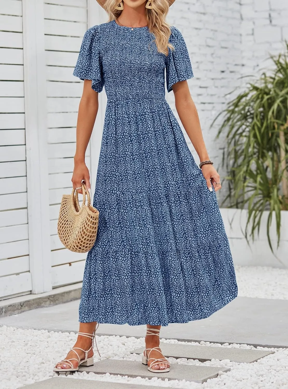 ZESICA Women's 2025 Summer Casual Floral Print Short Flutter Sleeve Crew Neck Smocked High Waist Flowy Maxi Dress