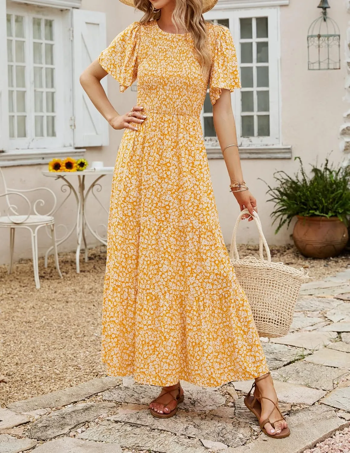 ZESICA Women's 2025 Summer Casual Floral Print Short Flutter Sleeve Crew Neck Smocked High Waist Flowy Maxi Dress