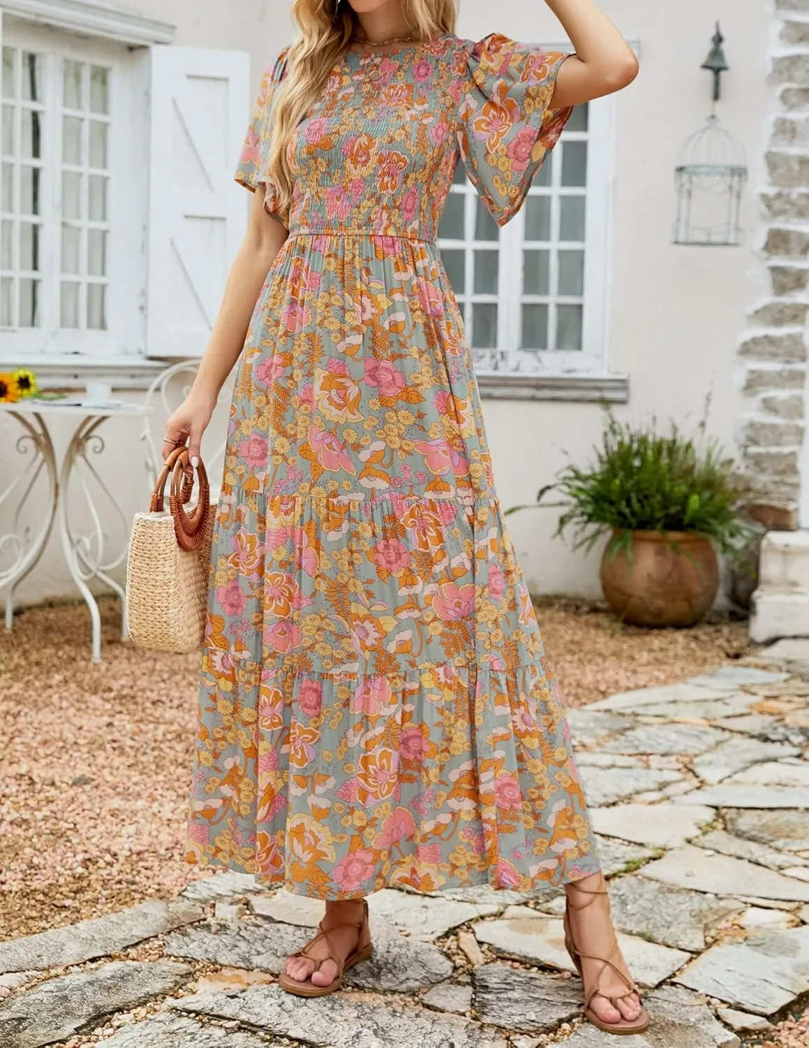 ZESICA Women's 2025 Summer Casual Floral Print Short Flutter Sleeve Crew Neck Smocked High Waist Flowy Maxi Dress