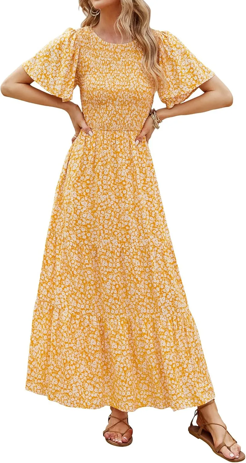 ZESICA Women's 2025 Summer Casual Floral Print Short Flutter Sleeve Crew Neck Smocked High Waist Flowy Maxi Dress
