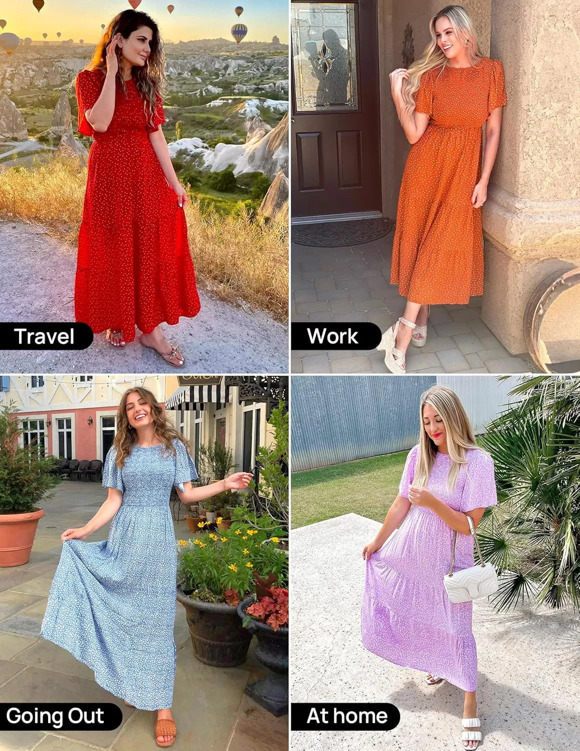 ZESICA Women's 2025 Summer Casual Floral Print Short Flutter Sleeve Crew Neck Smocked High Waist Flowy Maxi Dress
