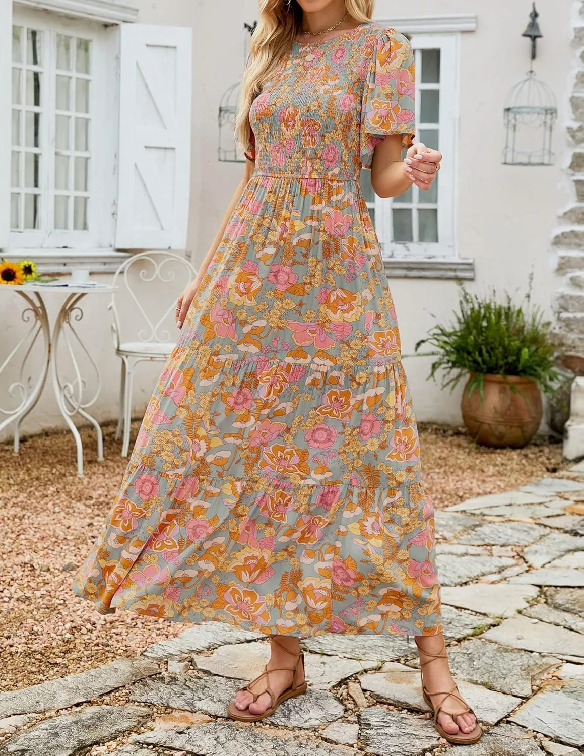 ZESICA Women's 2025 Summer Casual Floral Print Short Flutter Sleeve Crew Neck Smocked High Waist Flowy Maxi Dress