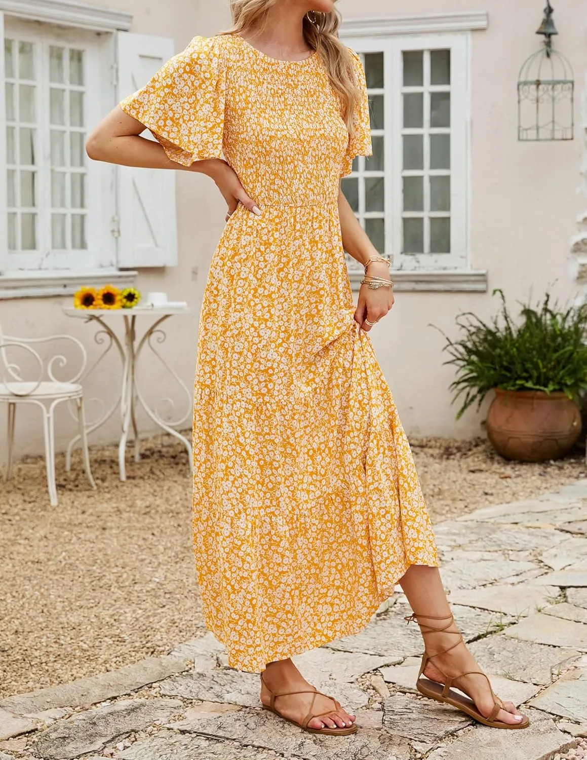 ZESICA Women's 2025 Summer Casual Floral Print Short Flutter Sleeve Crew Neck Smocked High Waist Flowy Maxi Dress