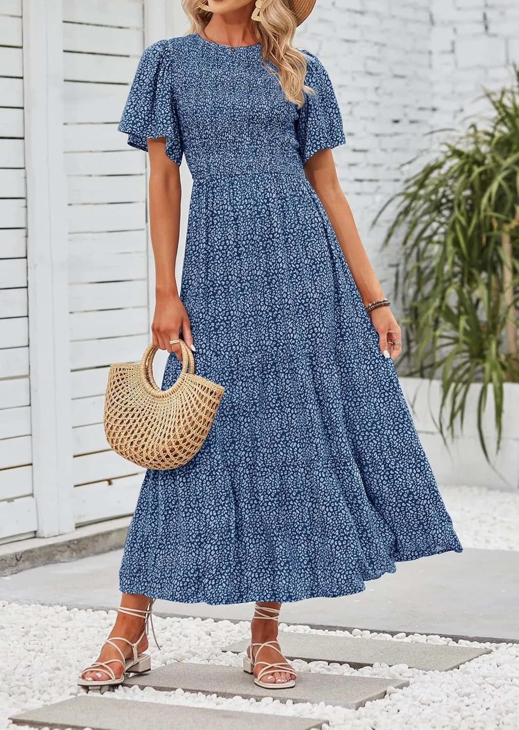 ZESICA Women's 2025 Summer Casual Floral Print Short Flutter Sleeve Crew Neck Smocked High Waist Flowy Maxi Dress
