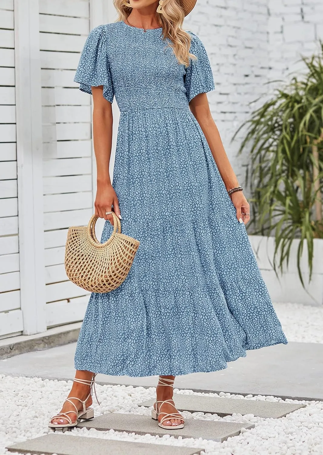 ZESICA Women's 2025 Summer Casual Floral Print Short Flutter Sleeve Crew Neck Smocked High Waist Flowy Maxi Dress