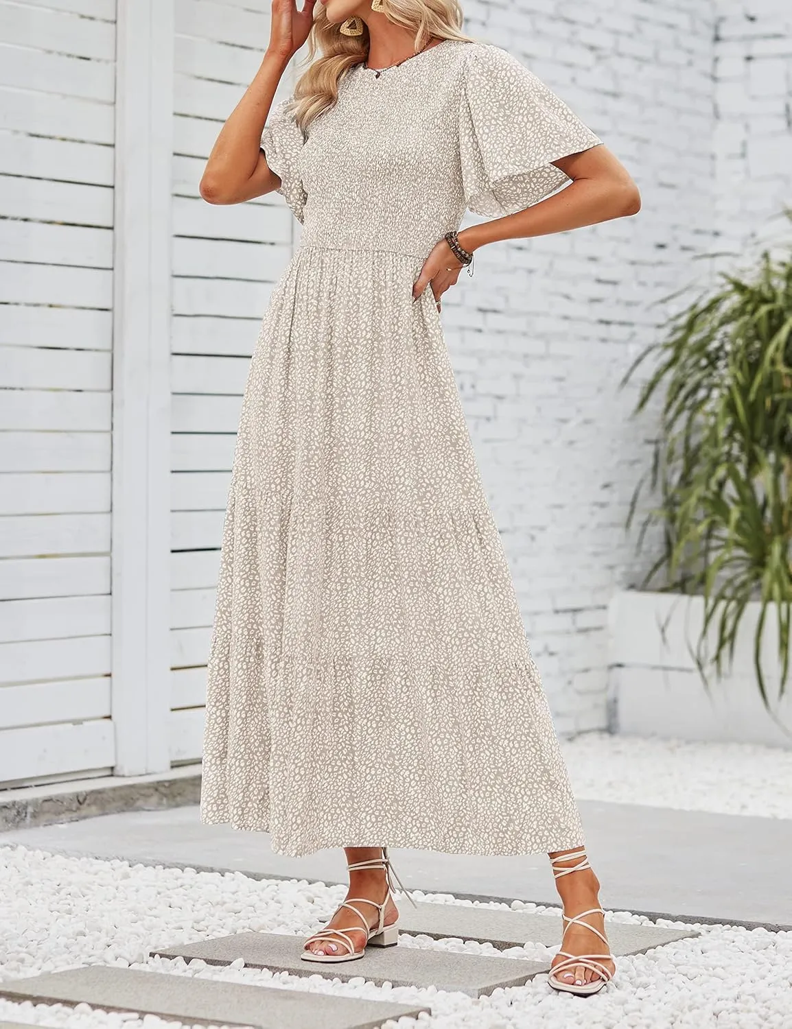 ZESICA Women's 2025 Summer Casual Floral Print Short Flutter Sleeve Crew Neck Smocked High Waist Flowy Maxi Dress