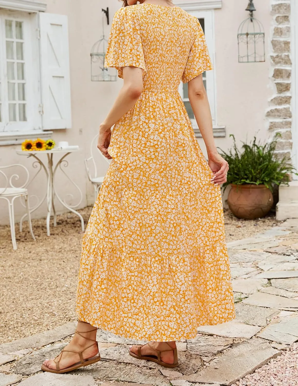 ZESICA Women's 2025 Summer Casual Floral Print Short Flutter Sleeve Crew Neck Smocked High Waist Flowy Maxi Dress