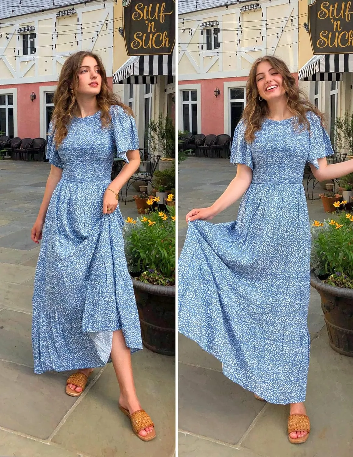 ZESICA Women's 2025 Summer Casual Floral Print Short Flutter Sleeve Crew Neck Smocked High Waist Flowy Maxi Dress