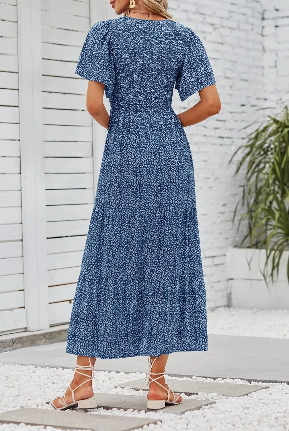 ZESICA Women's 2025 Summer Casual Floral Print Short Flutter Sleeve Crew Neck Smocked High Waist Flowy Maxi Dress