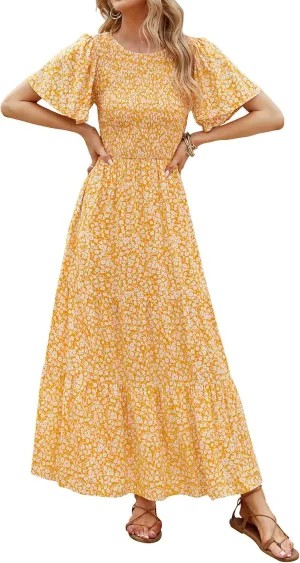 ZESICA Women's 2025 Summer Casual Floral Print Short Flutter Sleeve Crew Neck Smocked High Waist Flowy Maxi Dress
