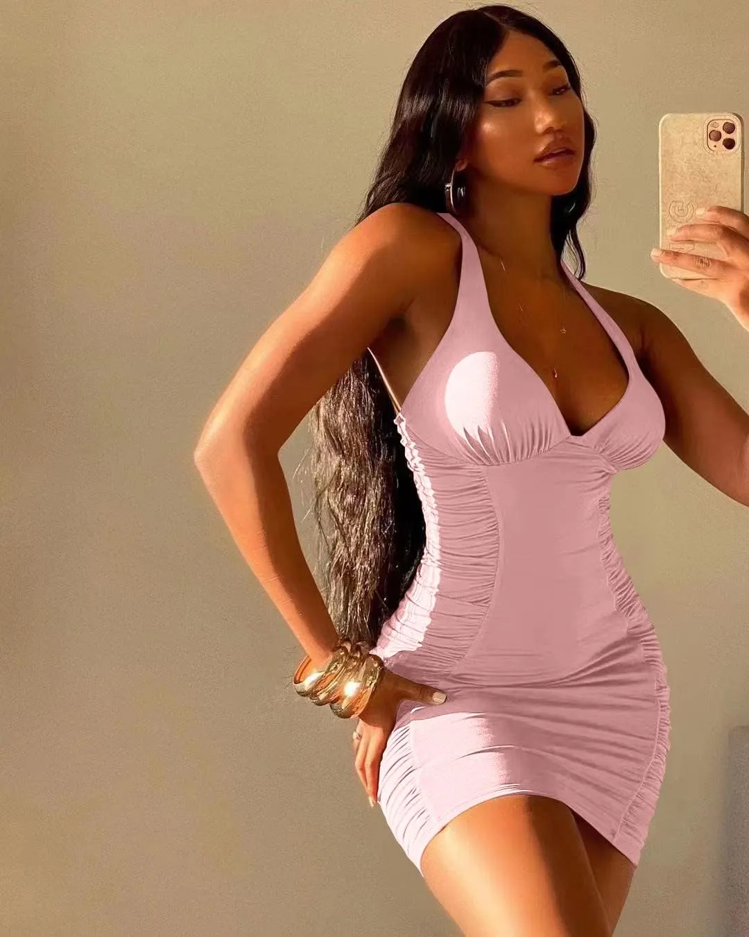 ZileZile Women's Sexy Bodycon Sleeveless V-Neck Ruched Spaghetti Strap Mini Club Dress