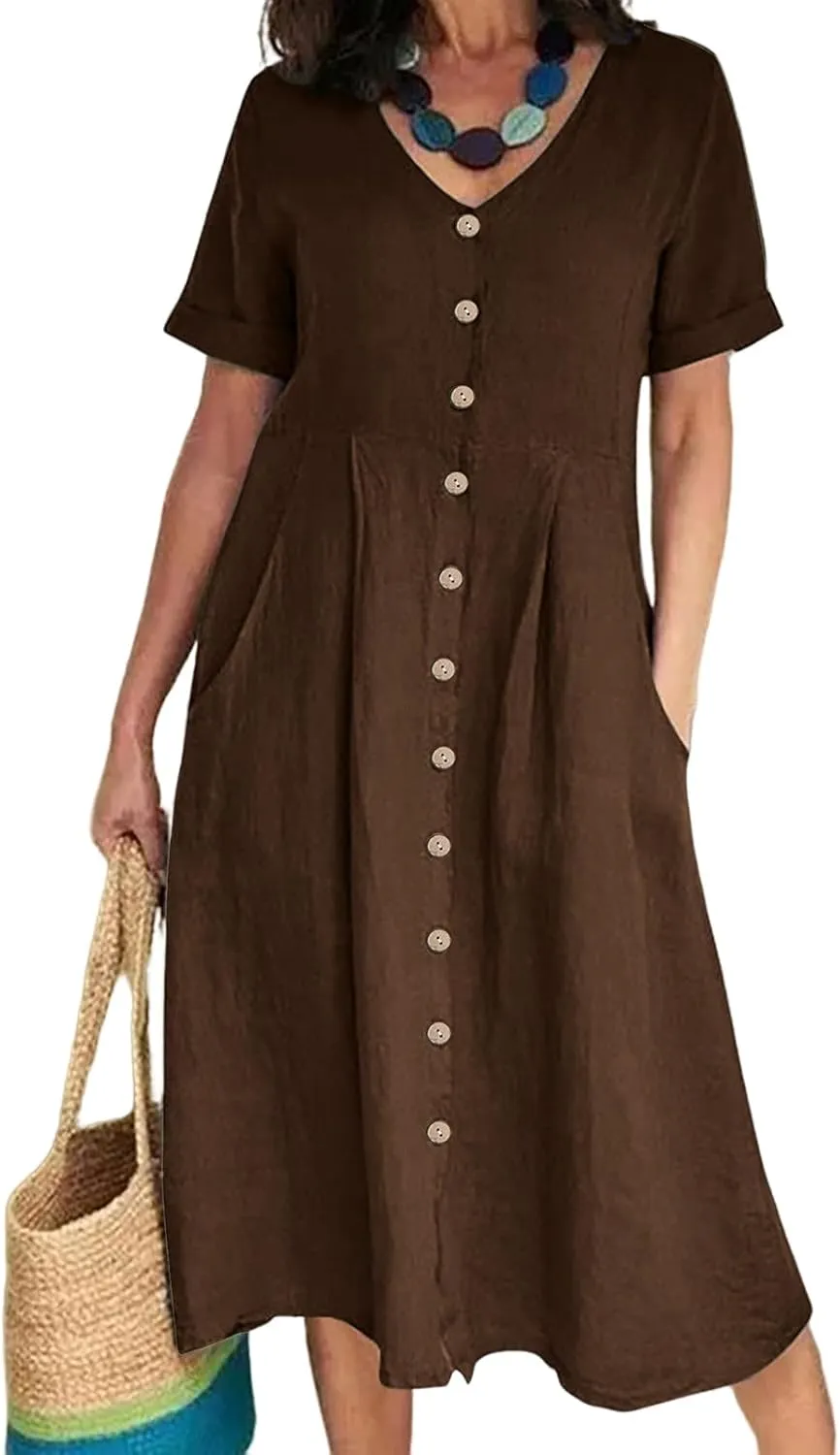ZWRXW Cotton Linen Dresses for Women 2024 Summer Casual T Shirt Dress Short Sleeve Button Down Beach Swing Dress with Pockets