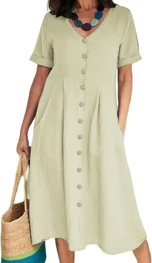 ZWRXW Cotton Linen Dresses for Women 2024 Summer Casual T Shirt Dress Short Sleeve Button Down Beach Swing Dress with Pockets