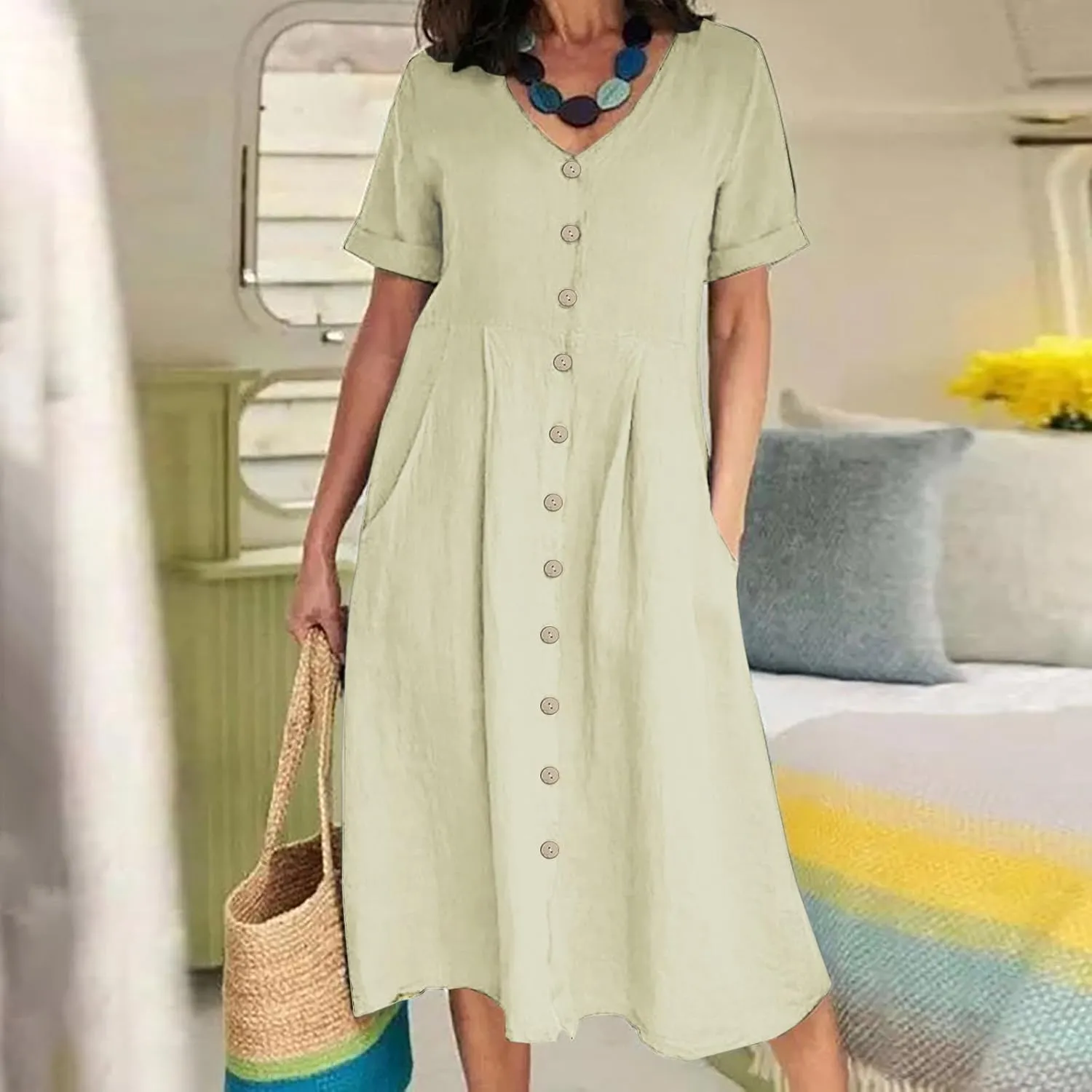 ZWRXW Cotton Linen Dresses for Women 2024 Summer Casual T Shirt Dress Short Sleeve Button Down Beach Swing Dress with Pockets