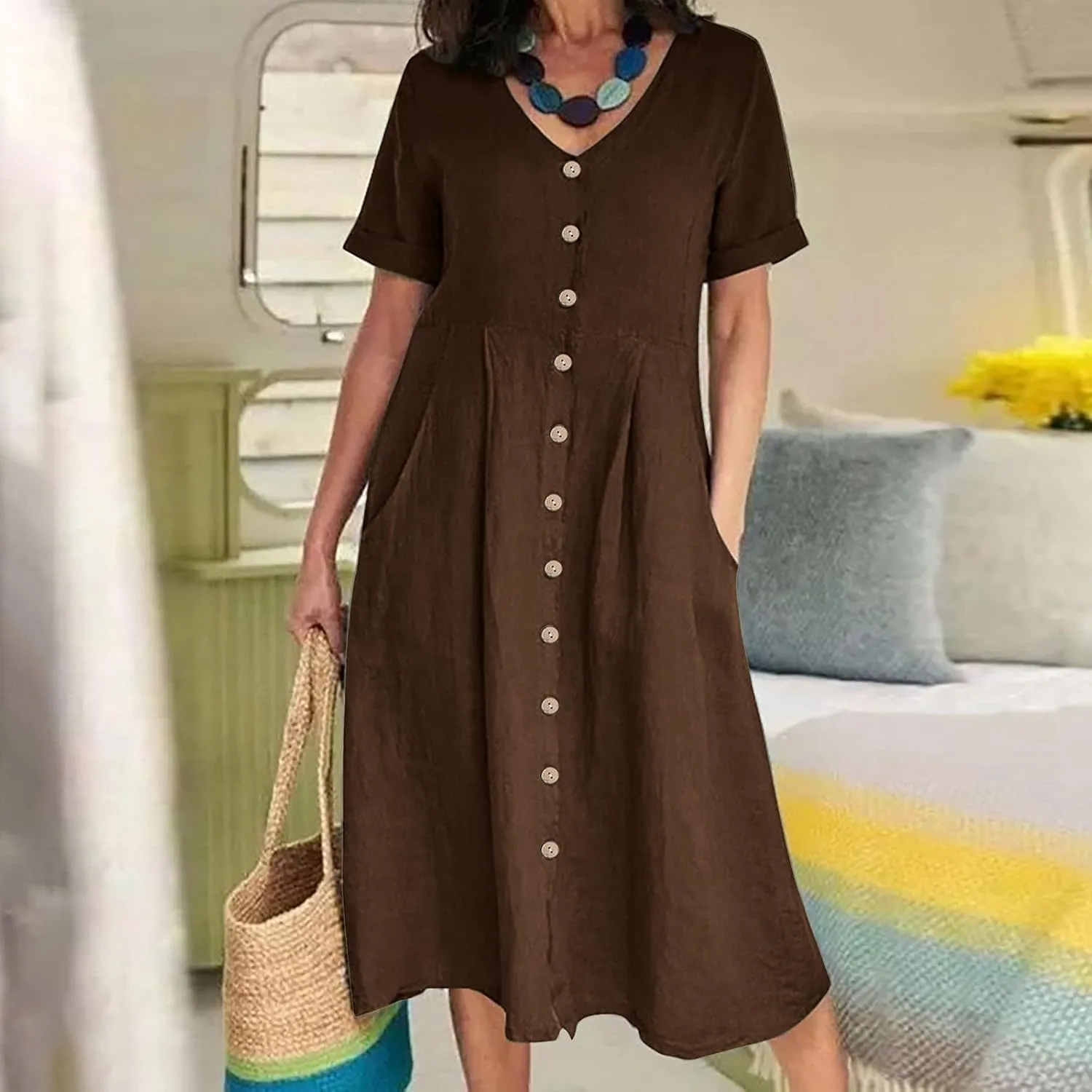 ZWRXW Cotton Linen Dresses for Women 2024 Summer Casual T Shirt Dress Short Sleeve Button Down Beach Swing Dress with Pockets