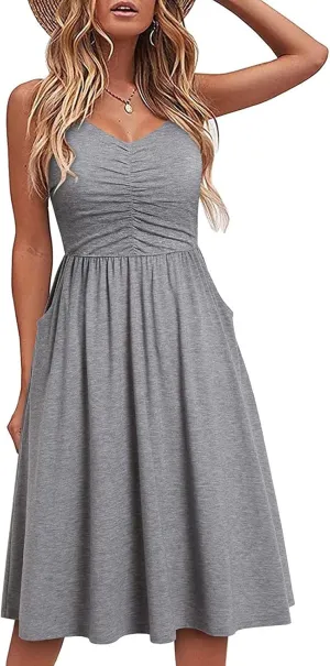 ZWRXW Women Summer Casual Dresses Spaghetti Strap Backless V Neck Sundresses Beach Ruffle A Line Sleeveless Dress