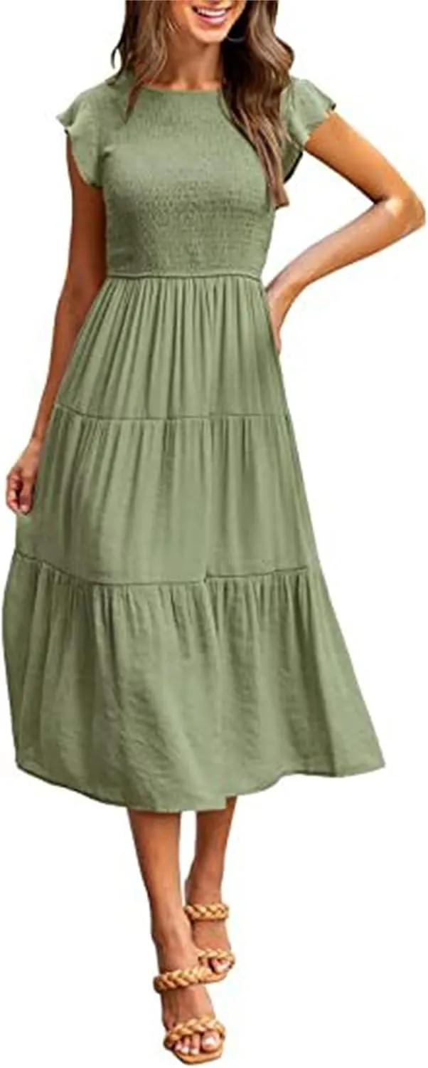 ZWRXW Womens Summer Casual Dresses Flutter Short Sleeve Crewneck Smocked Elastic Waist Tiered Midi Dress Flowy Beach Dress