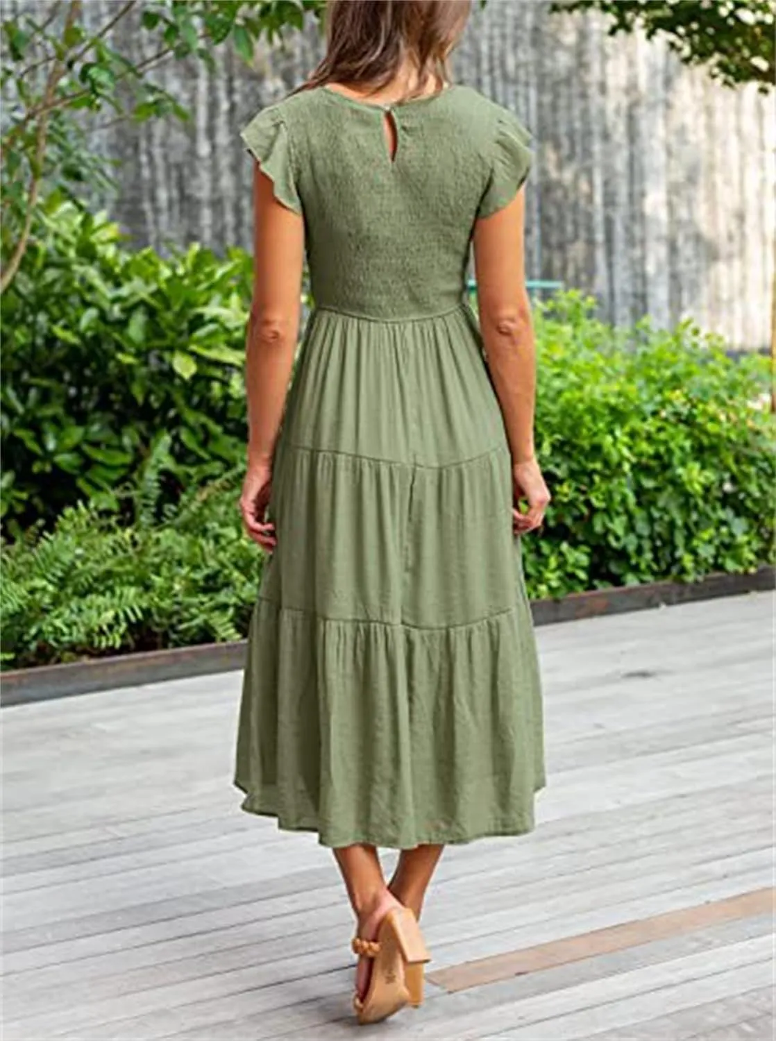 ZWRXW Womens Summer Casual Dresses Flutter Short Sleeve Crewneck Smocked Elastic Waist Tiered Midi Dress Flowy Beach Dress